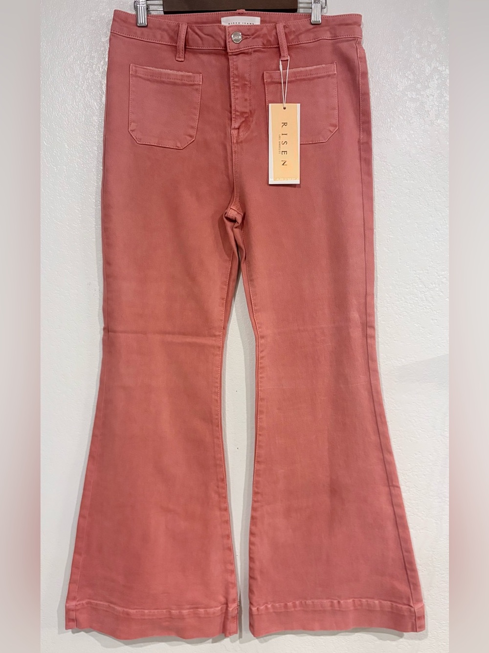 Risen High-Rise Flare Jeans in Dusty Rose